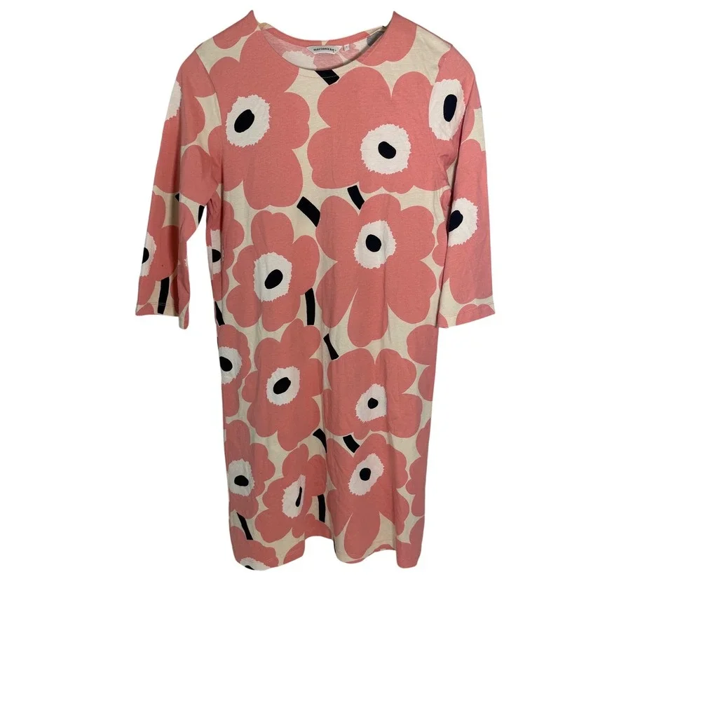 Marimekko Kauneus Unikko Pink Floral Cotton Shift Dress 3/4 Sleeve 049395 - Picture 3 of 9